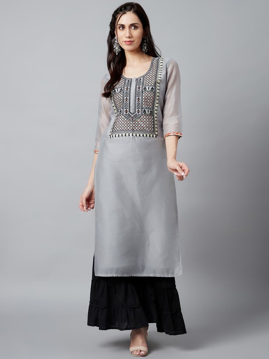 Aks Ethnic Motifs Yoke Design Thread Work Chanderi Silk Kurta - Distacart