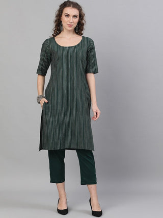 Aks Striped Round Neck Pure Cotton Straight Kurta And Trousers - Distacart