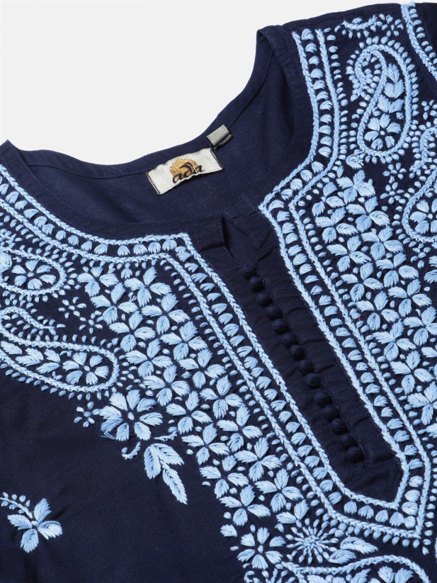 ADA Women Blue Chikankari Hand Embroidered Cotton Straight Sustainable Handloom Kurta - Distacart