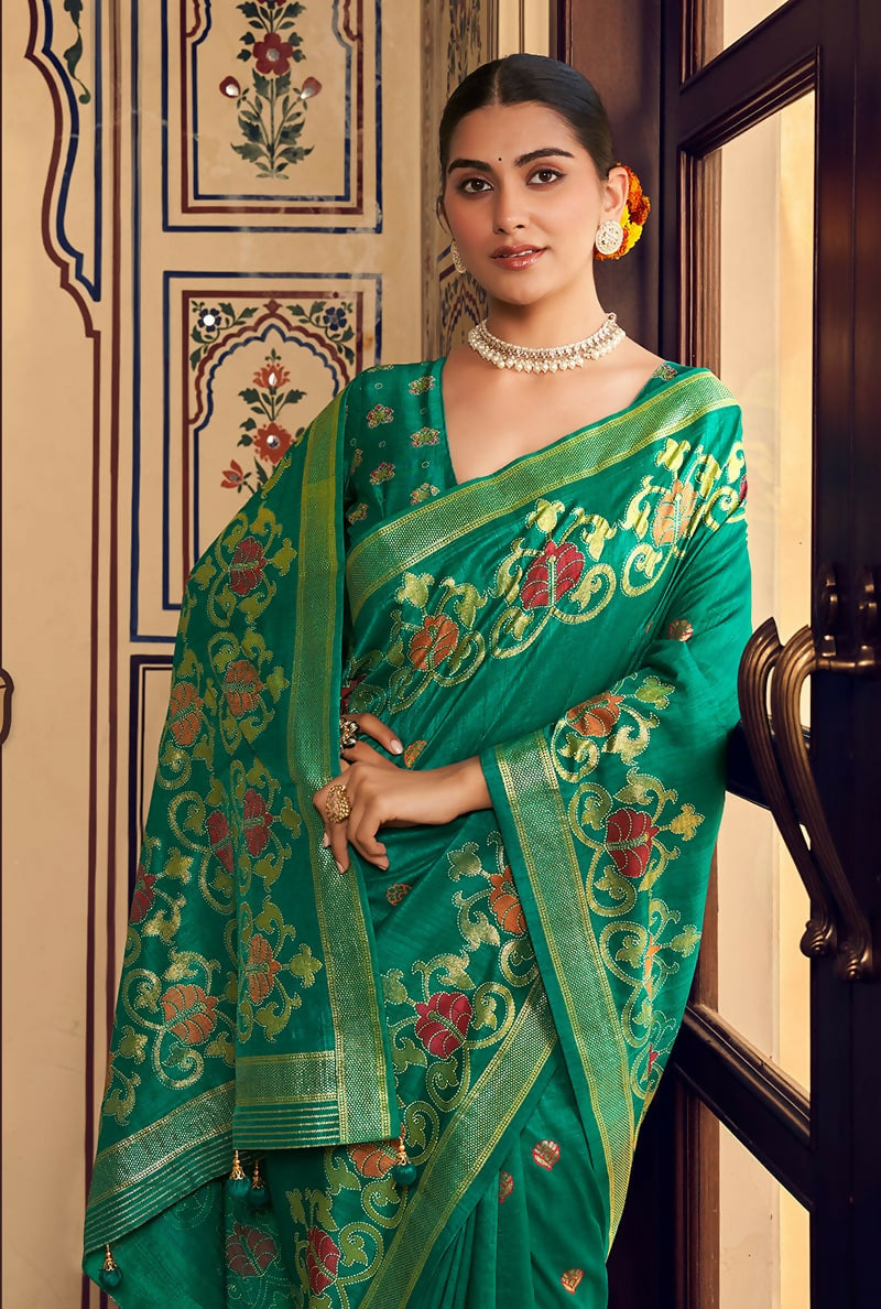 Monjolika Fashion Teal Silk Blend Banarasi Zari Work Classic Saree