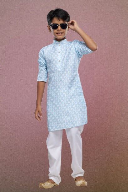 Raivat Ethnic Cotton Digital Print Kids Kurta Pajama In Light Blue Colour - Distacart