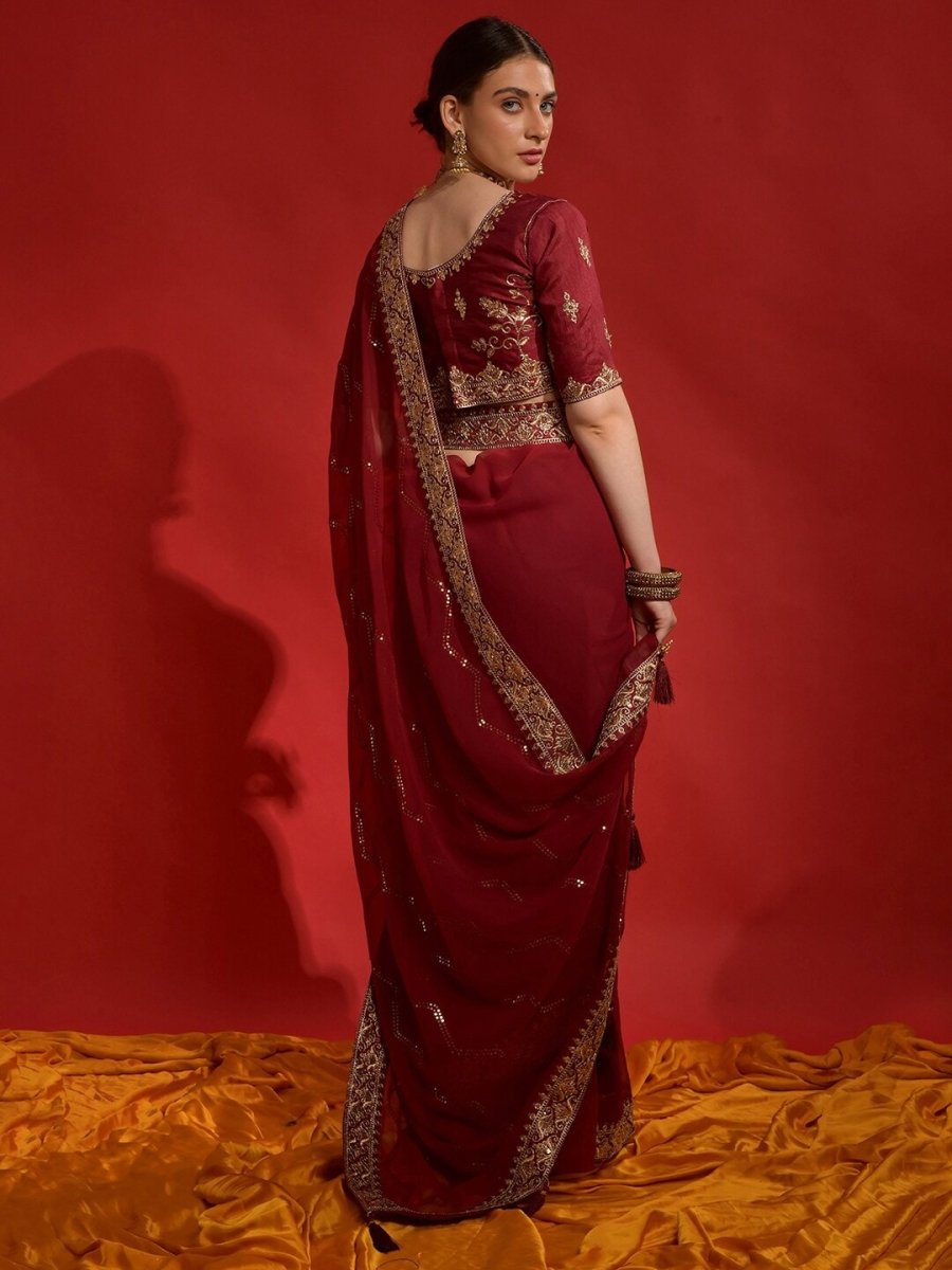 Anouk Maroon & Gold-Toned Embellished Embroidered Pure Georgette Saree - Distacart