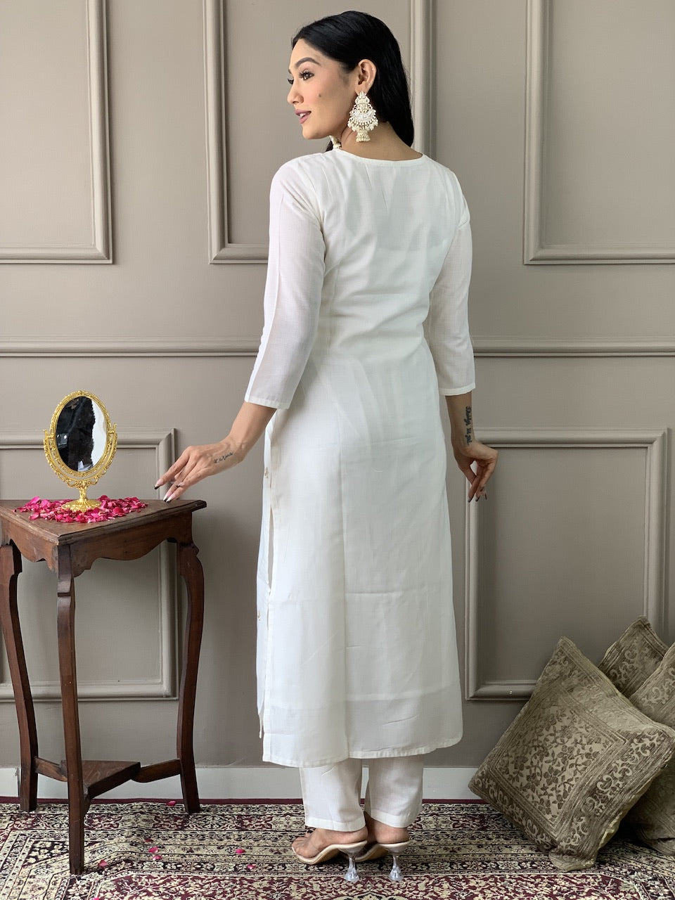 The52 White Embroidered Viscose Blend Fabric Straight Kurta, Pant and Dupatta Set