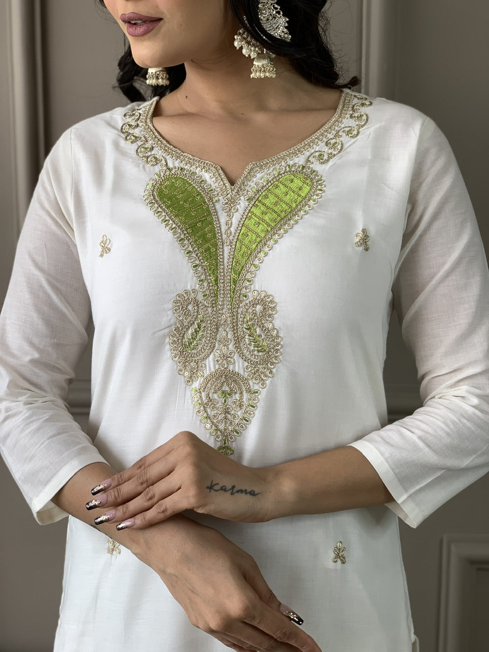 The52 White Embroidered Viscose Blend Fabric Straight Kurta, Pant and Dupatta Set