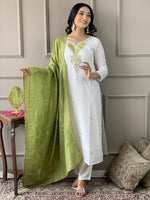 Thumbnail for The52 White Embroidered Viscose Blend Fabric Straight Kurta, Pant and Dupatta Set