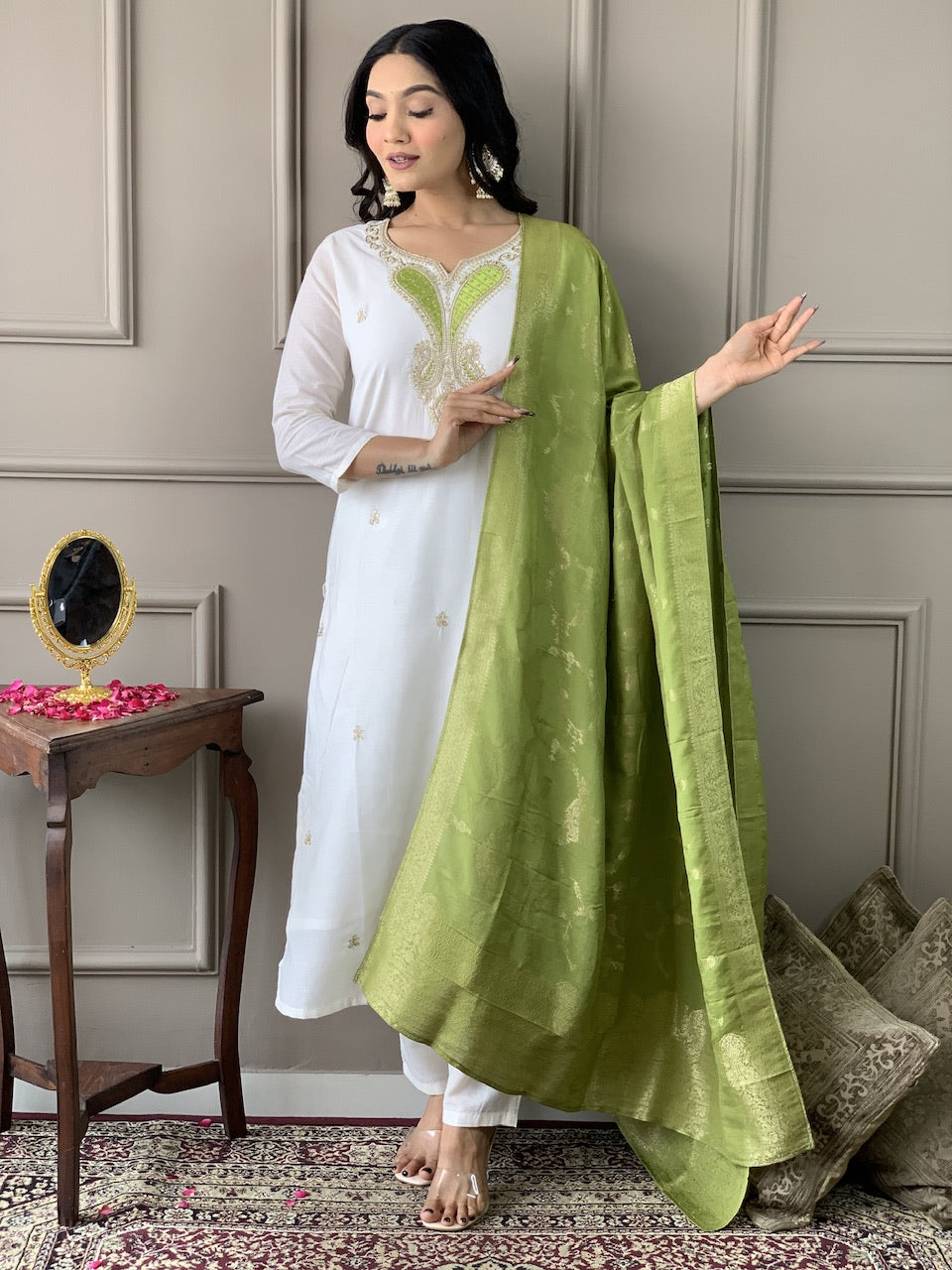 The52 White Embroidered Viscose Blend Fabric Straight Kurta, Pant and Dupatta Set