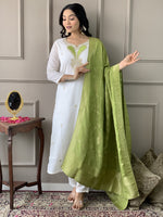 Thumbnail for The52 White Embroidered Viscose Blend Fabric Straight Kurta, Pant and Dupatta Set