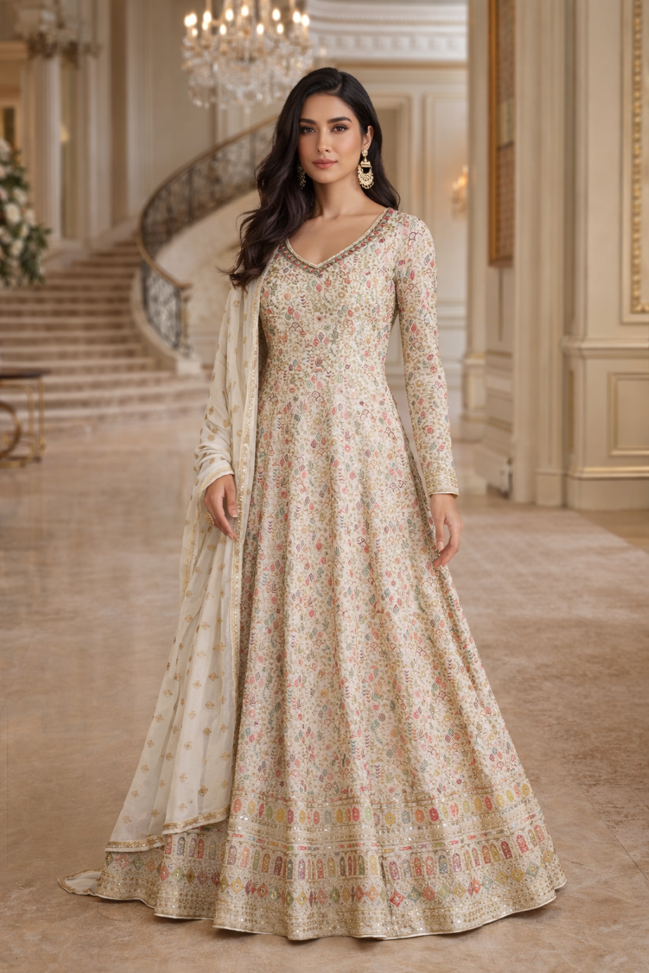 Anaita Cream Georgette Stitched Anarkali Suit with Embroidery Sequence Work - Dista
