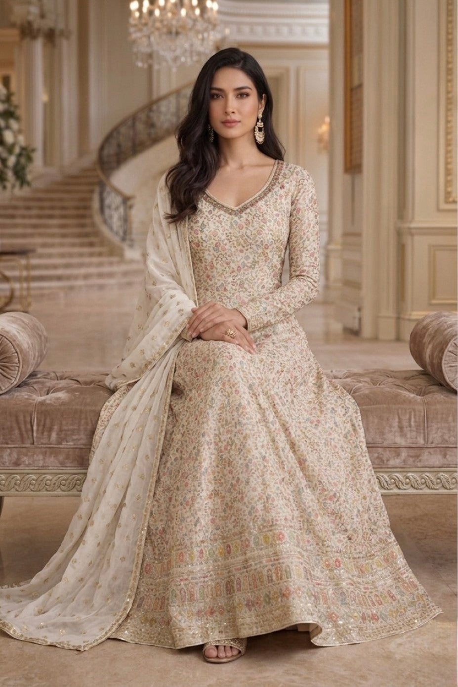 Anaita Cream Georgette Stitched Anarkali Suit with Embroidery Sequence Work - Dista