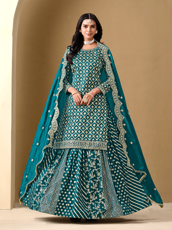 Monjolika Fashion Jacquard Work Dola Teal Readymade Lehenga Choli