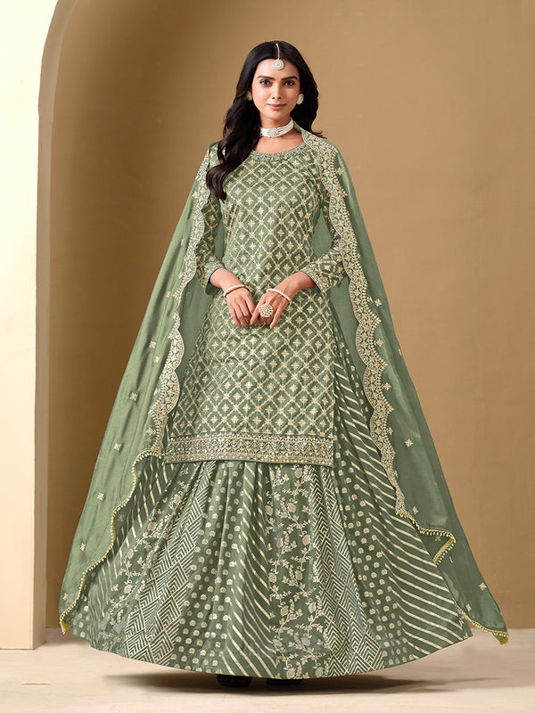 Monjolika Fashion Jacquard Work Dola Sage Green Readymade Lehenga Choli