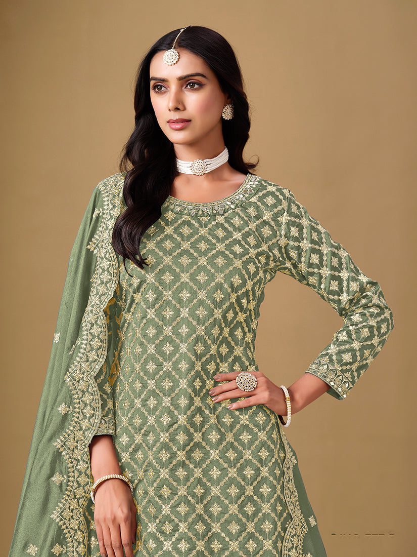 Monjolika Fashion Jacquard Work Dola Sage Green Readymade Lehenga Choli