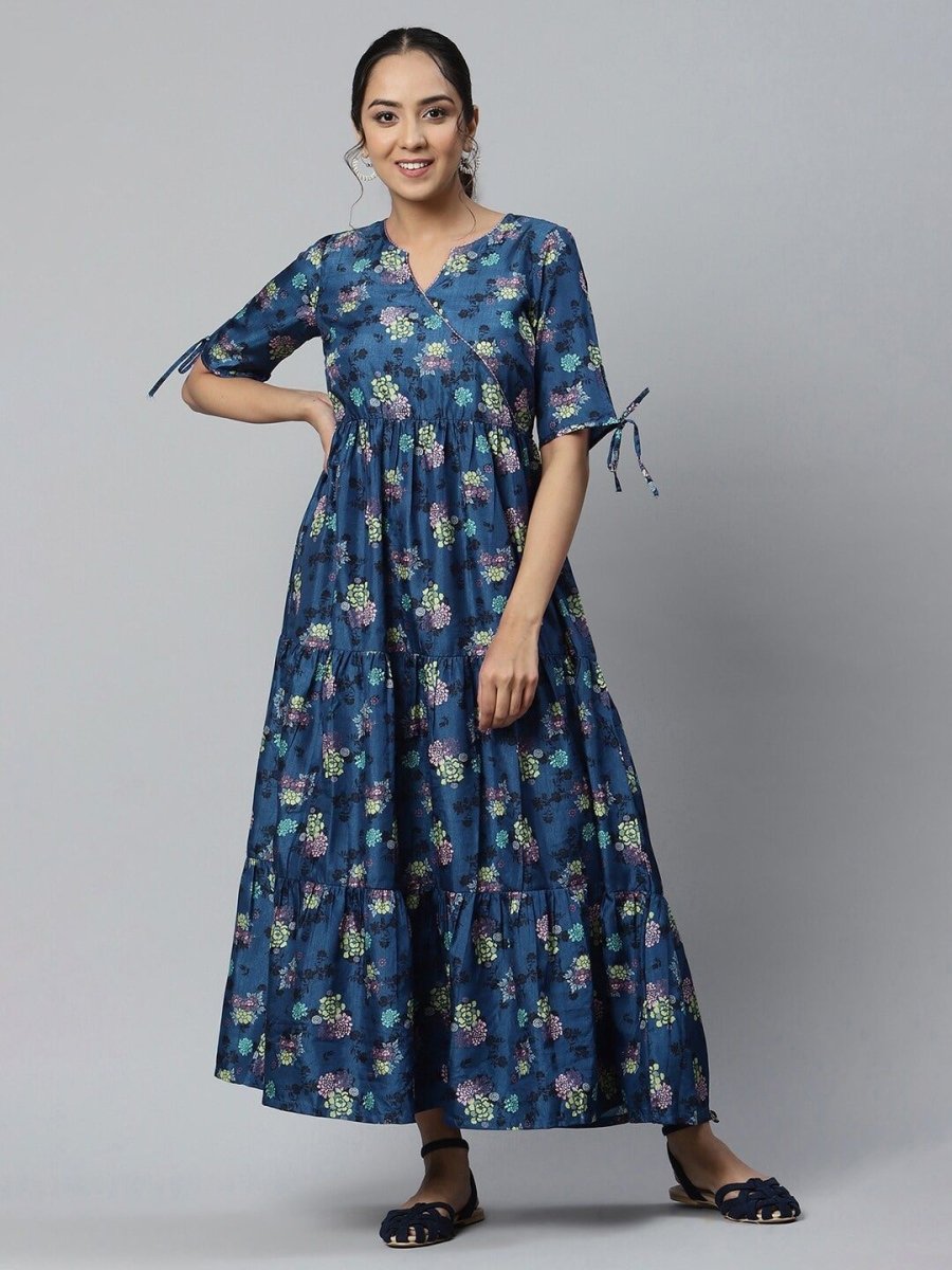 AURELIA Women Blue Floral Satin Maxi Dress - Distacart