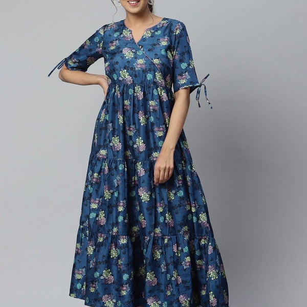 AURELIA Women Blue Floral Satin Maxi Dress - Distacart