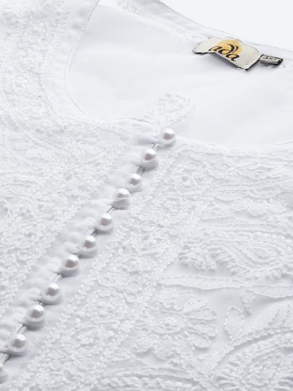 ADA Women Plus Size White Chikankari Embroidered Handloom Kurta with Inner - Distacart