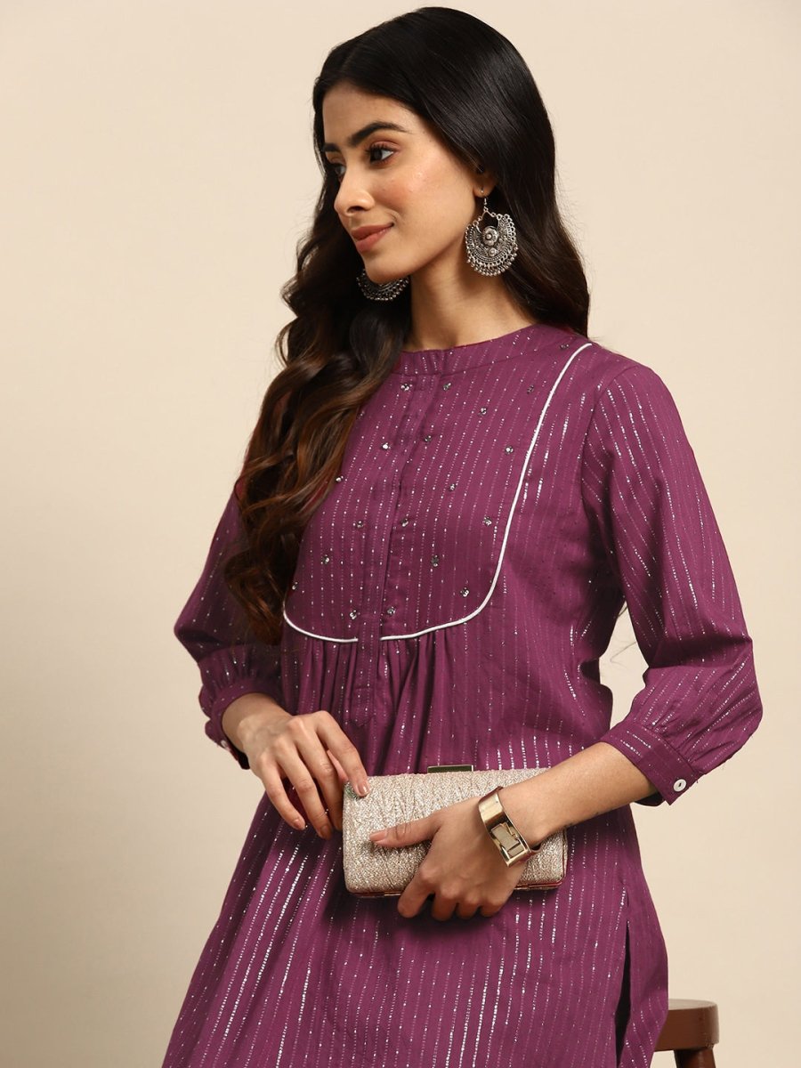 All About You Striped Pleated Sequinned Pure Cotton Kurta with Trousers - Distacart