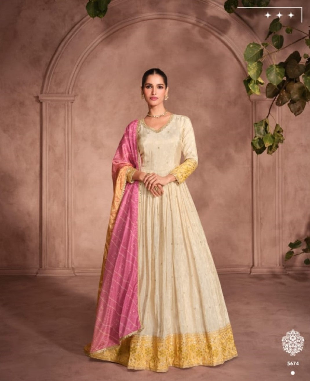 Anaita Off White & Yellow Viscose Shimmer Embroidered Readymade Anarkali Suit - Distacart