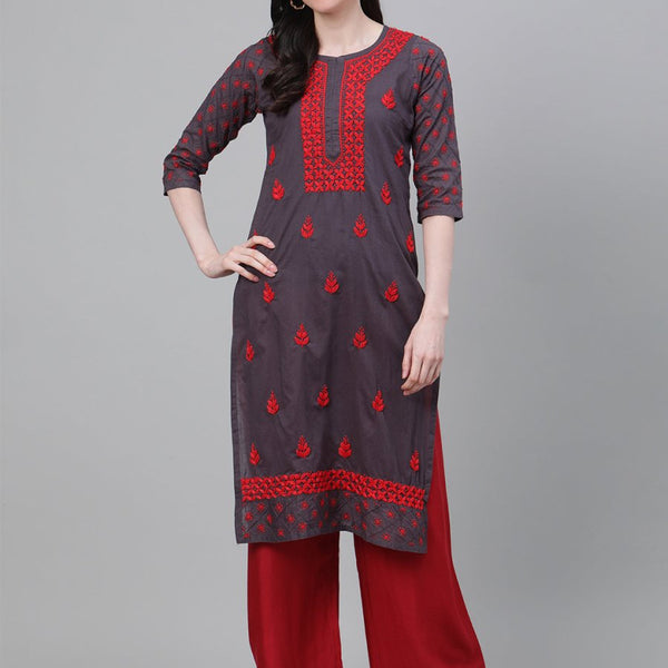 ADA Women Charcoal Grey & Red Chikankari Hand Embroidered Cotton Straight Sustainable Handloom Kurta - Distacart