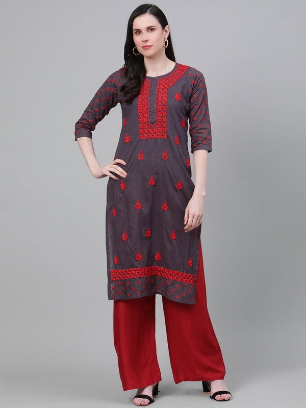 ADA Women Charcoal Grey & Red Chikankari Hand Embroidered Cotton Straight Sustainable Handloom Kurta - Distacart