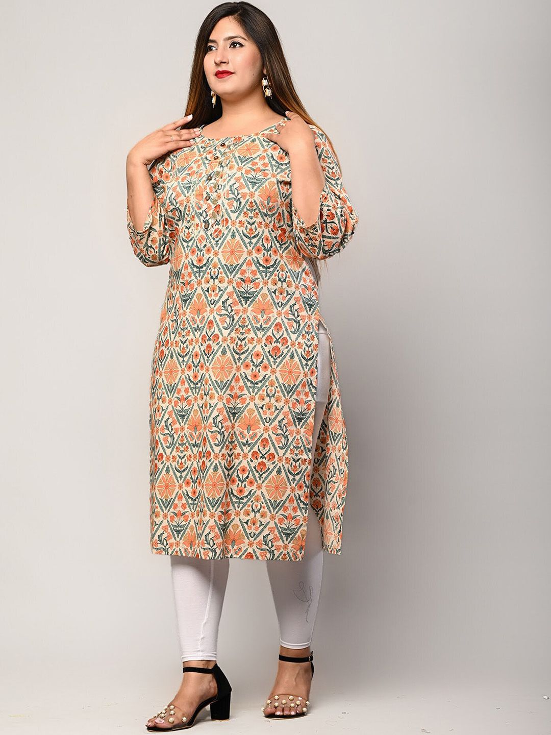 Swasti Women Beige Ethnic Motifs Printed Flared Sleeves Thread Work Floral Kurta