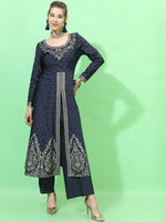 Thumbnail for Vishudh Women Navy Blue Floral Embroidered Empire Kurta with Palazzos