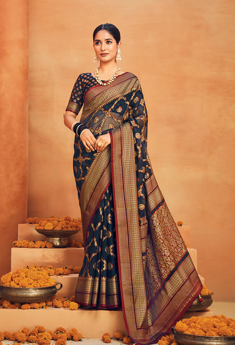 Monjolika Fashion Navy Blue Georgette Woven Festival Designer Saree