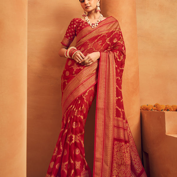 Monjolika Fashion Red Georgette woven Festival Designer Saree
