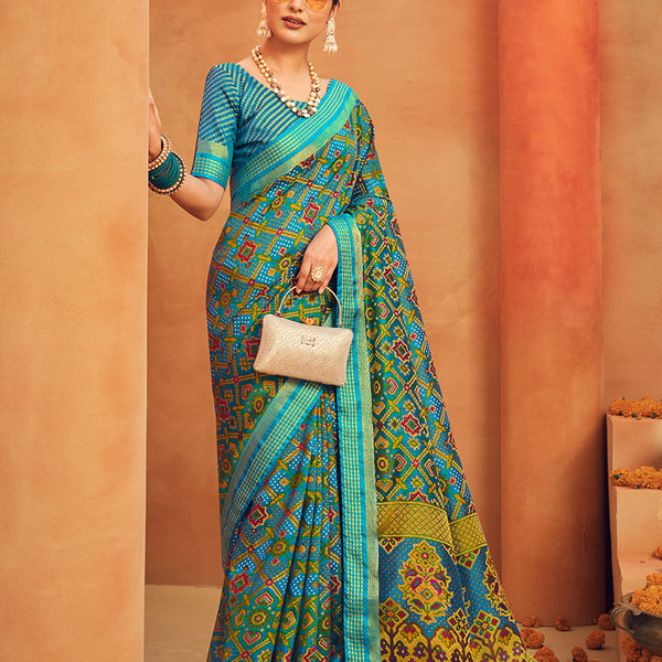 Monjolika Fashion Aqua Blue Georgette Printed Festival Designer Saree