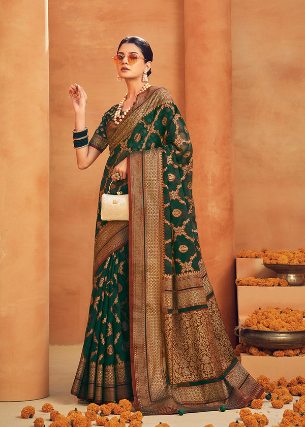 Monjolika Fashion Dark Green Georgette Woven Festival Designer Saree