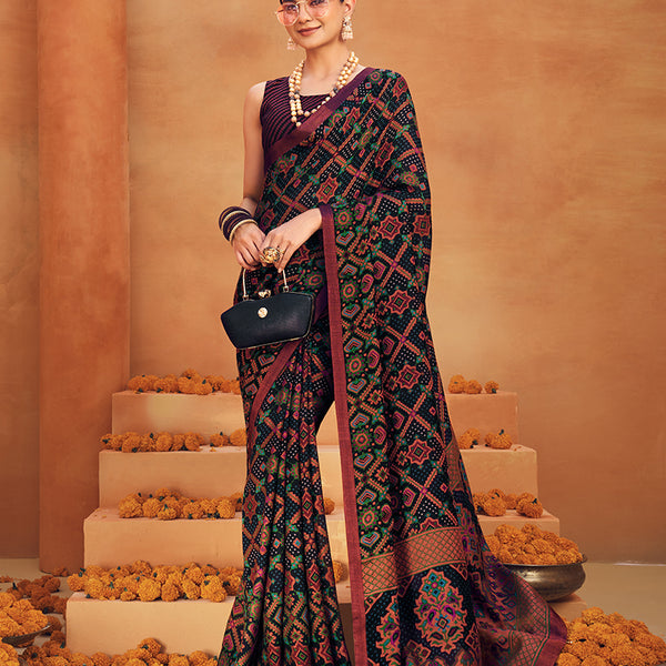 Monjolika Fashion Black Georgette Printed Festival Designer Saree