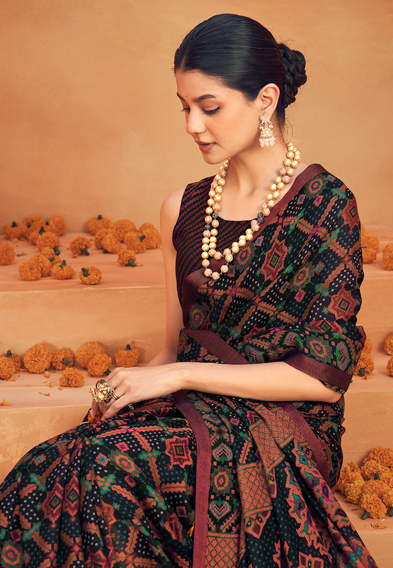 Monjolika Fashion Black Georgette Printed Festival Designer Saree