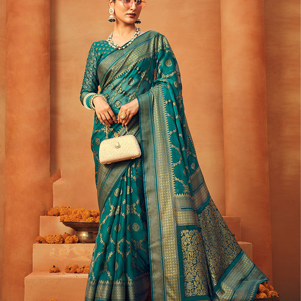 Monjolika Fashion Teal Georgette Woven Festival Designer Saree