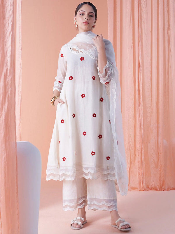 Kalini Floral Embroidered Empire Thread Work Kurta With Palazzos & Dupatta - Distacart