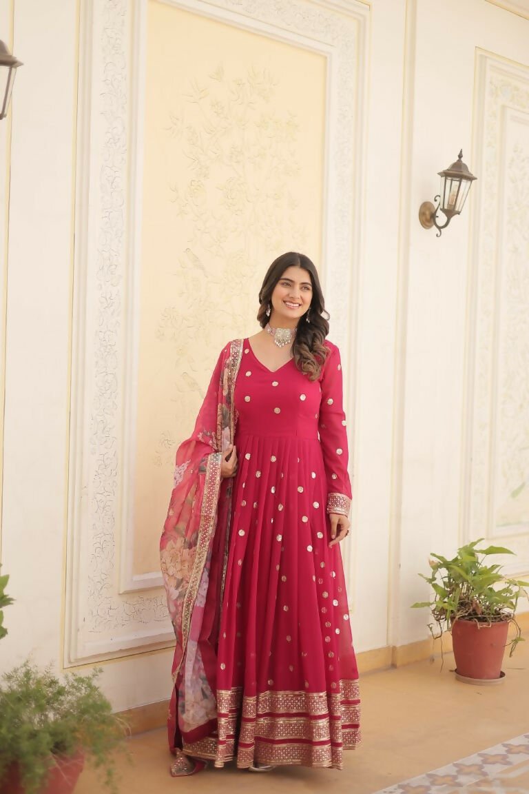 Aastha Fashion Women's Pink Faux Georgette Embroidery Zari Sequins-work Gown with Dupatta - Distacart