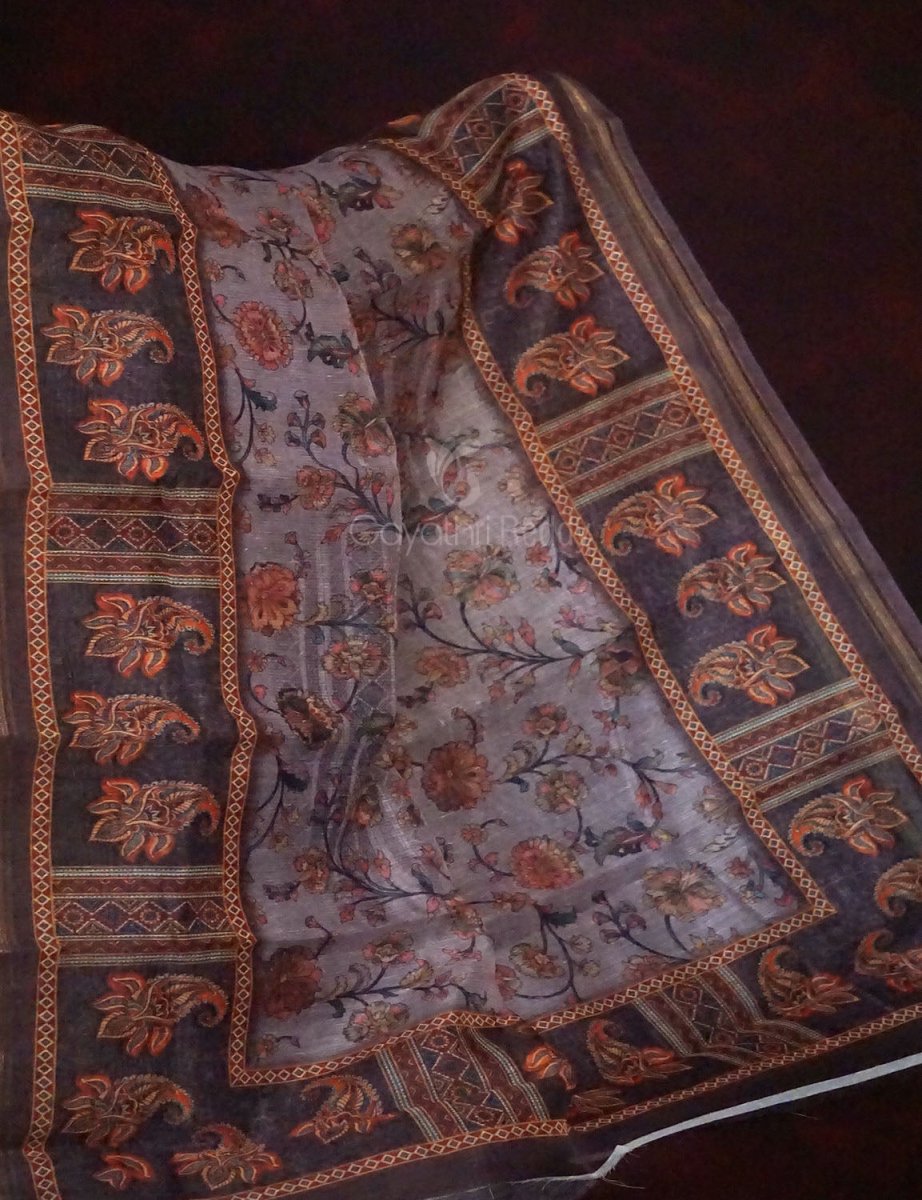 Baby Brown Mix With Pink Floral Design Printed Semi Chanderi Saree By Gayathri Reddy Designer Studio - Distacart