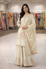 Thumbnail for Teeya Creation Cream Chinnon Designer Embroidery Work Party Wear Salwar Suit - Distacart