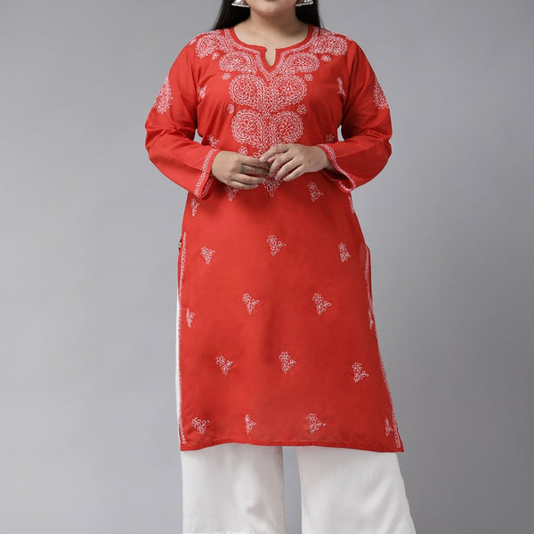 ADA Women Plus Size Red & White Ethnic Motifs Pure Cotton Chikankari Embroidered Kurta - Distacart