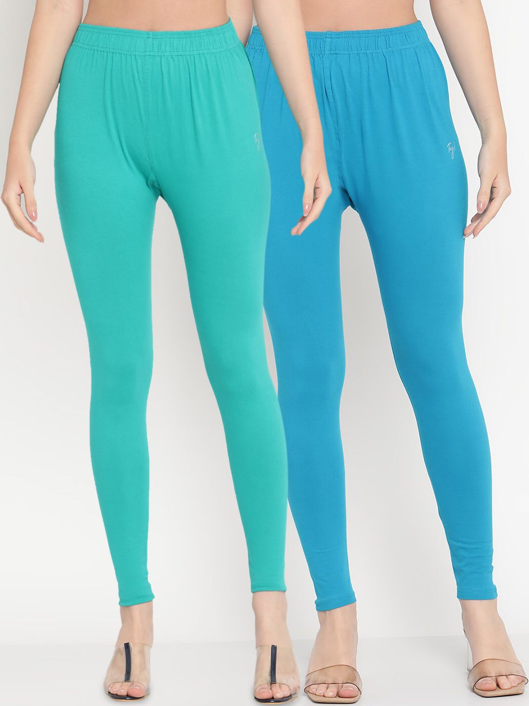 TAG 7 Women Pack of 2 Blue & Green Solid Comfort-Fit Ankle-Length Leggings - Distacart