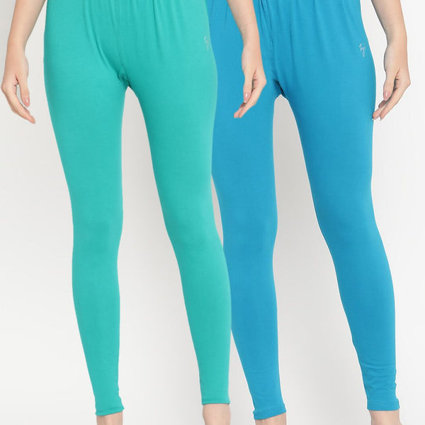TAG 7 Women Pack of 2 Blue & Green Solid Comfort-Fit Ankle-Length Leggings - Distacart