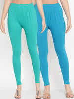 Thumbnail for TAG 7 Women Pack of 2 Blue & Green Solid Comfort-Fit Ankle-Length Leggings - Distacart
