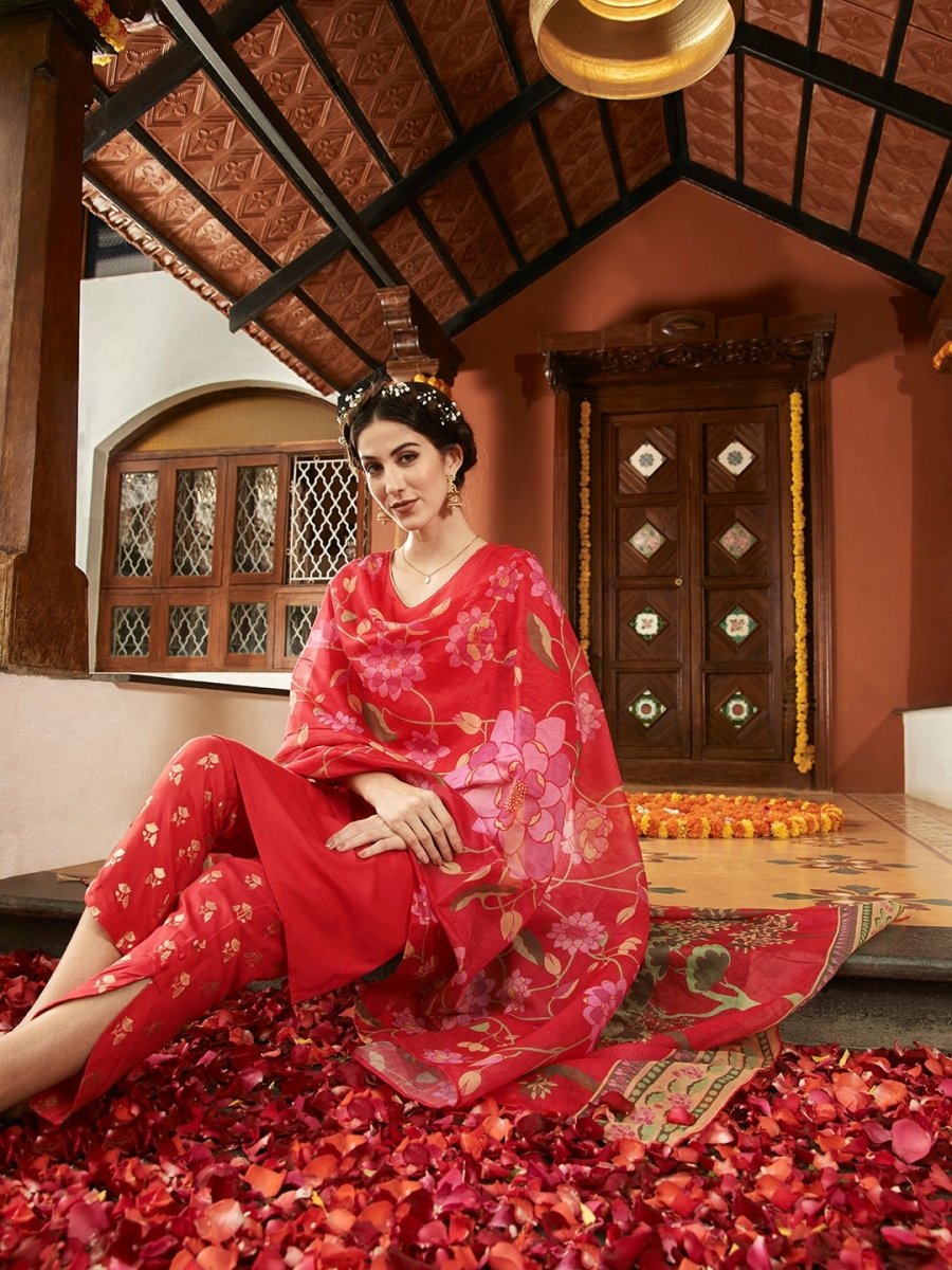 Anouk Women Red & Gold-Toned Solid Regular Kurta with Trousers & Dupatta - Distacart