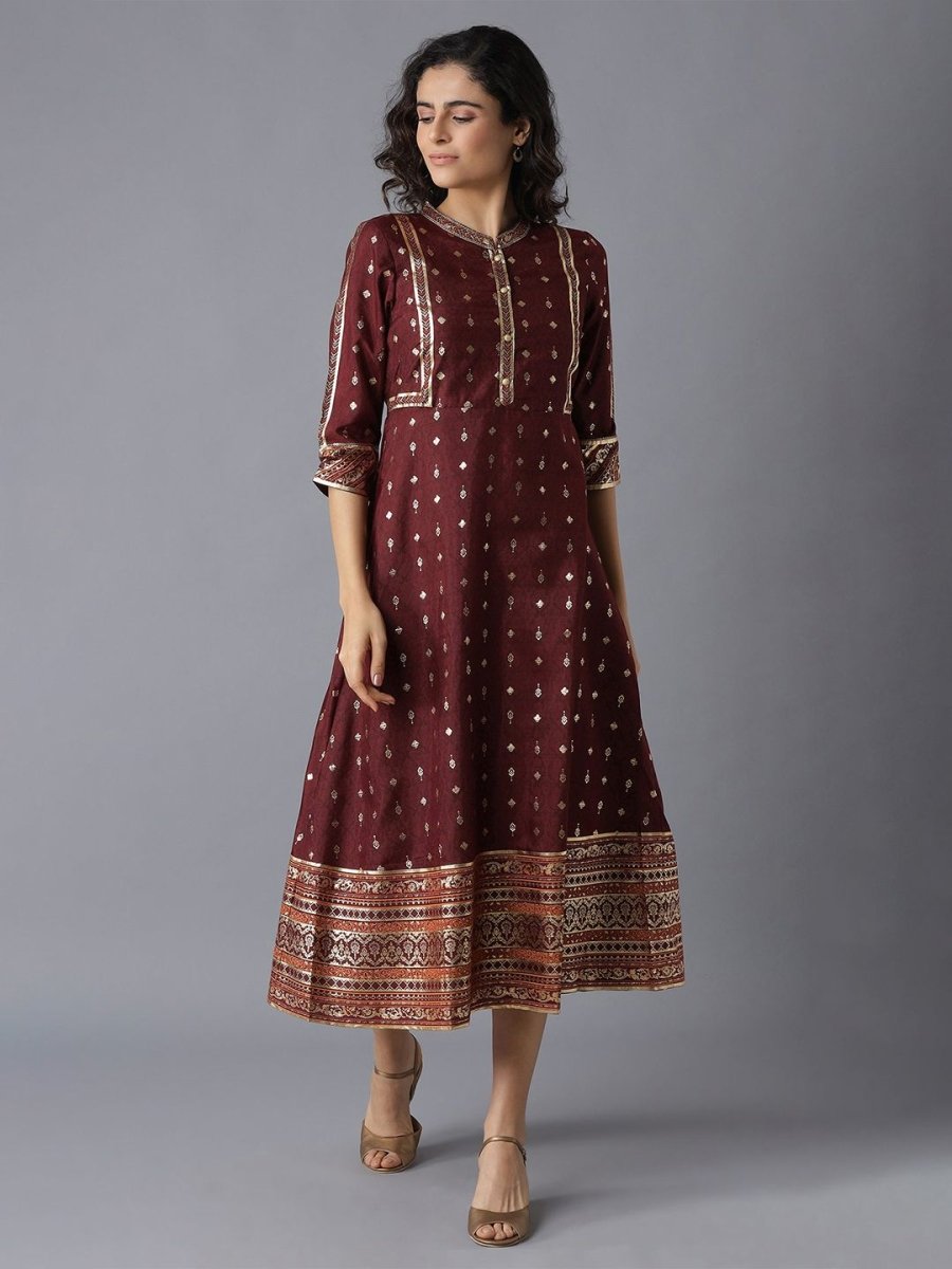 AURELIA Maroon And Gold Ethnic Motifs A-Line Midi Dress - Distacart