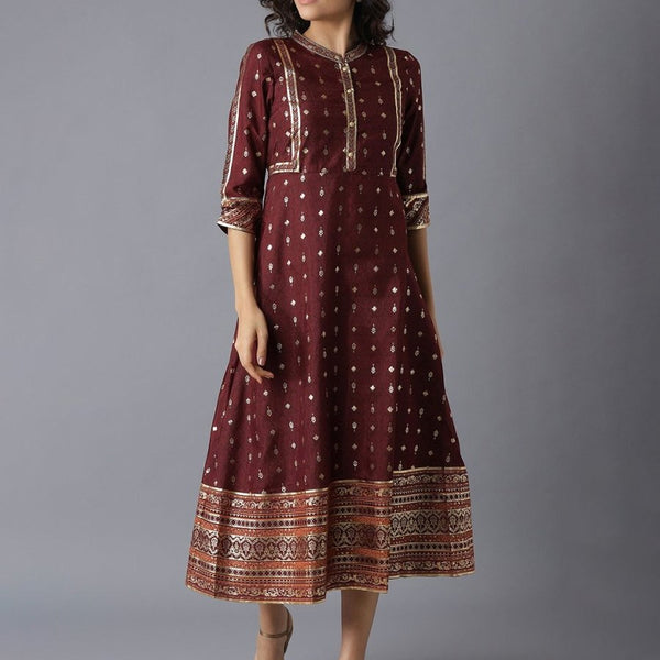 AURELIA Maroon And Gold Ethnic Motifs A-Line Midi Dress - Distacart