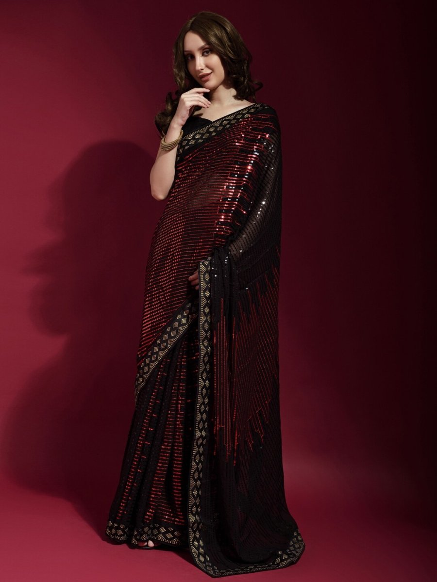 Anouk Black & Red Embellished Sequinned Pure Georgette Saree - Distacart