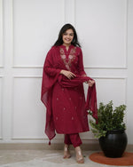 Thumbnail for The52 Women's Beautiful Rayon Slub Fabric Embroidery Work Straight Kurta Pant and Dupatta Set - Distacart