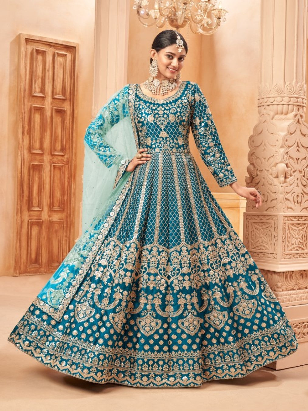 Anaita Teal Embroidered Art Silk Anarkali Suit - Distacart