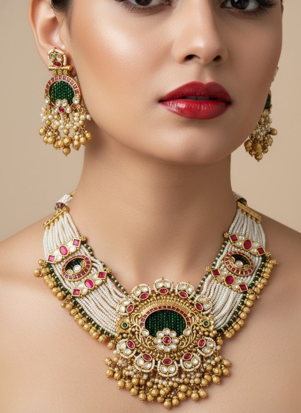 Jewel City Traditional Gold-Plated Pearl Necklace Set Featuring Matching Jhumka Earrings - Distacart
