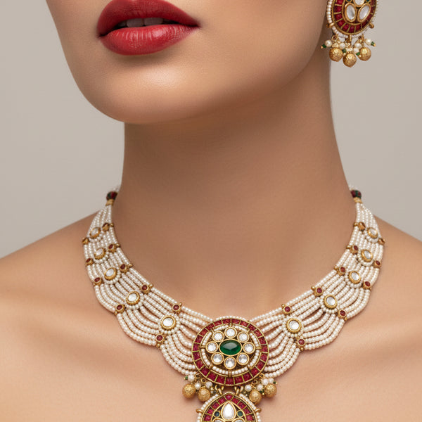 Jewel City Traditional Handcrafted Gold-Plated Kundan Pearl Necklace Set - Distacart