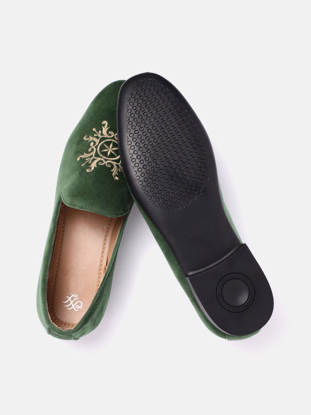 House of Pataudi Men Green & Gold-Toned Embroidered Velvet Finish Handcrafted Slip-Ons