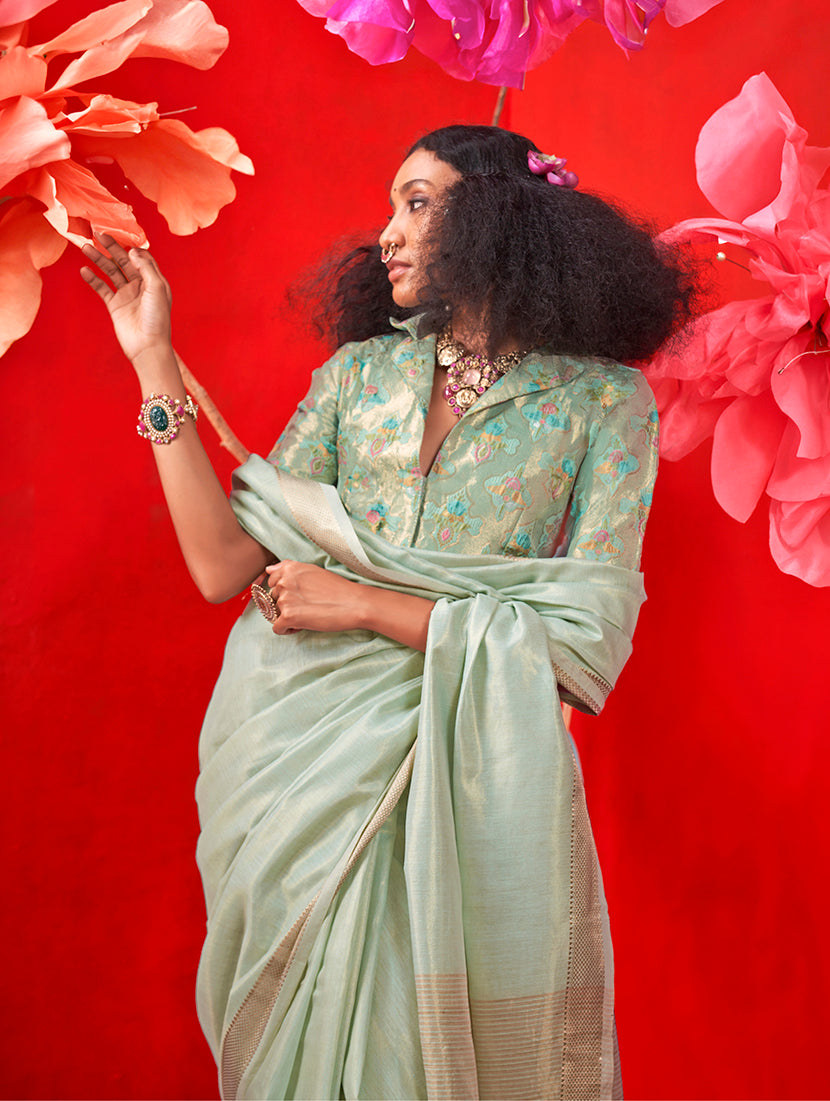 Monjolika Fashion Sea Green Tissue Weaving Zari Ceremonial Contemporary Saree